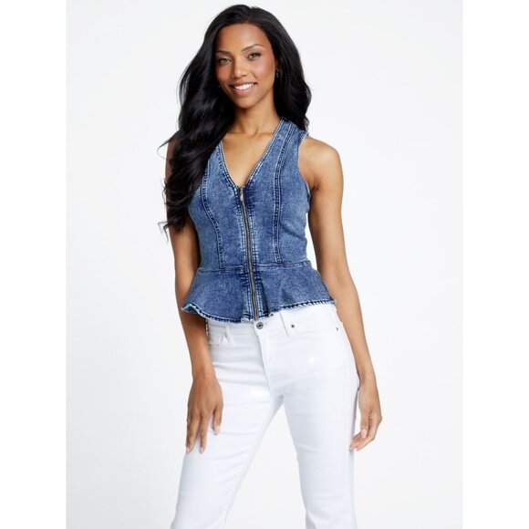 GUESS Women's Devika Denim Peplum Top Size Medium - Picture 8 of 12
